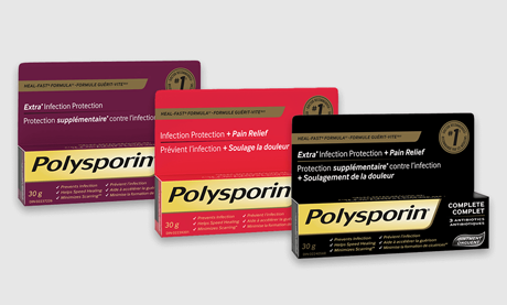 Front shot of three POLYSPORIN® antibiotic ointment and cream products, 30g each.