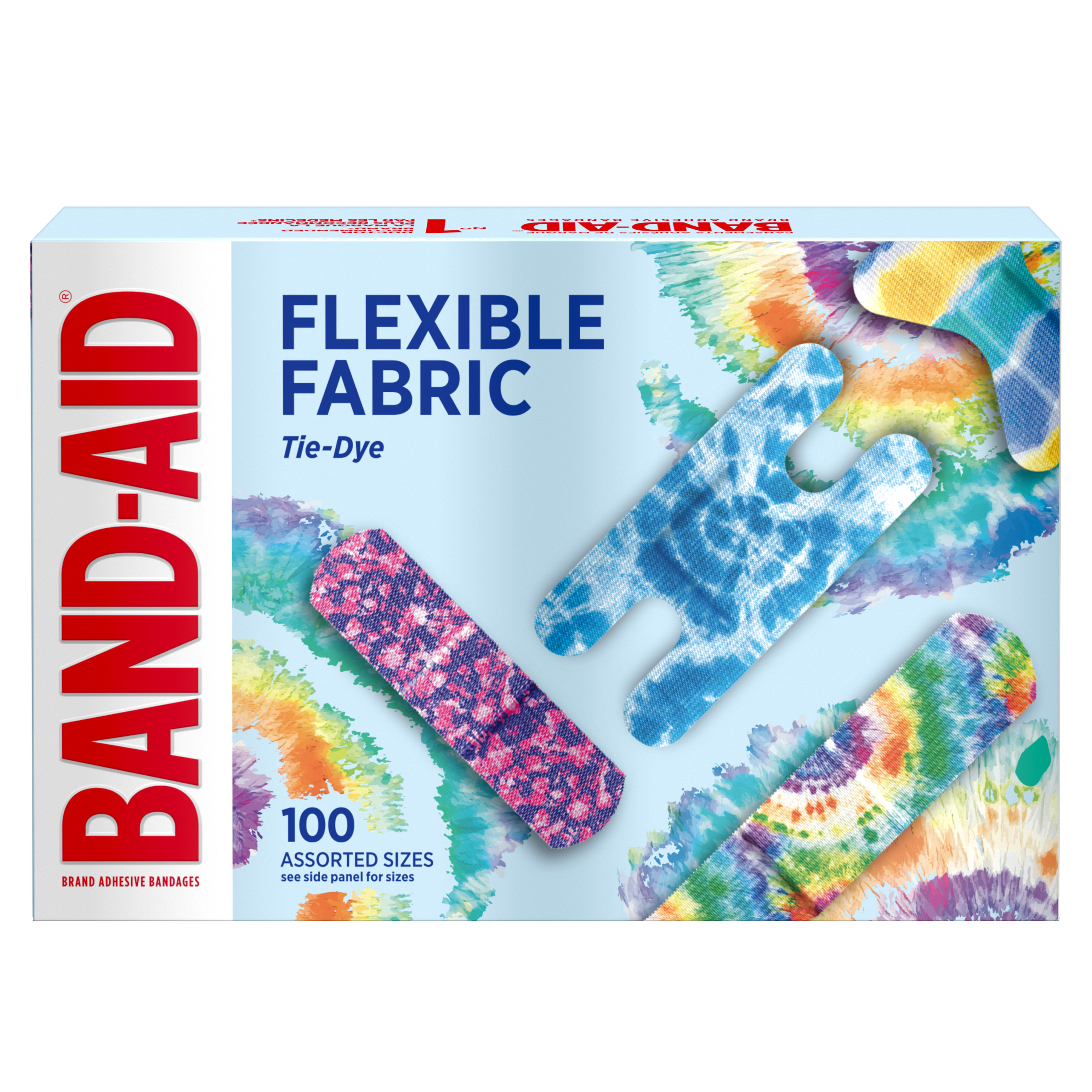 BAND-AID® Brand Flexible Fabric Tie-Dye Bandages, Assorted Sizes, 100 Count