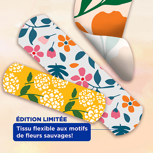 Trois pansements adhésifs de marque BAND-AID®, avec la mention « Édition limitée, pansements en tissu flexible à motifs amusants de fleurs sauvages » 