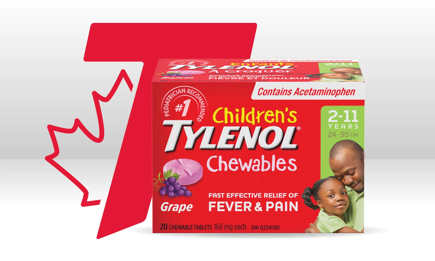 Children’s TYLENOL® Chewables For Fever And Pain with "Trusted pain relief, made in Canada" claim