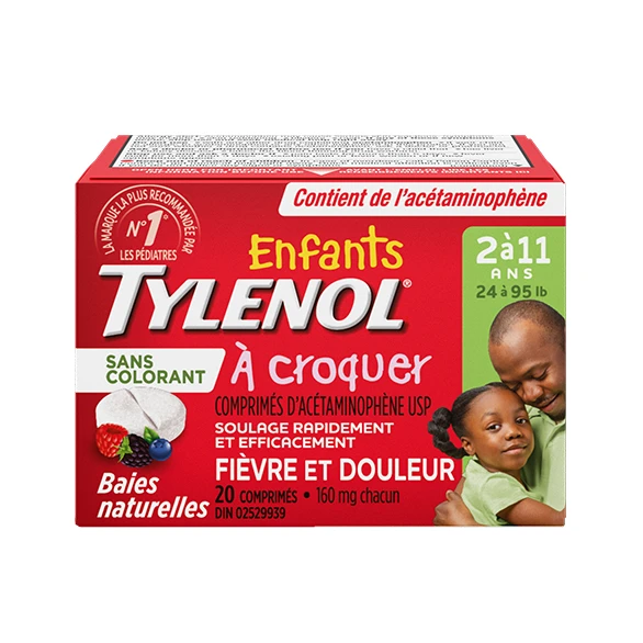Comprimés à croquer sans colorant TYLENOL® Enfants, pour la fièvre et la douleur, saveur naturelle de petits fruits