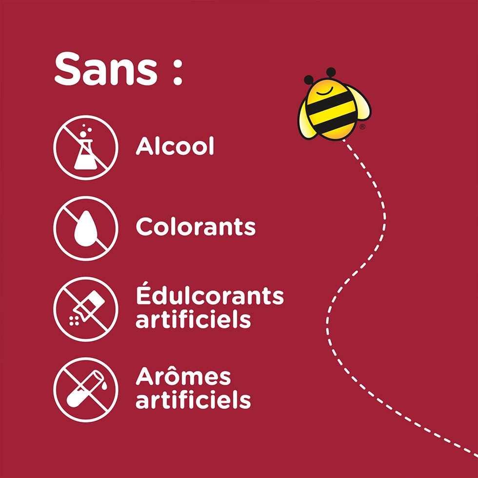 Revendication sur le sirop Zarbee’s® Complet Toux + Rhume pour enfants : « Sans alcool, ni colorants, ni édulcorants ou arômes artificiels ». 