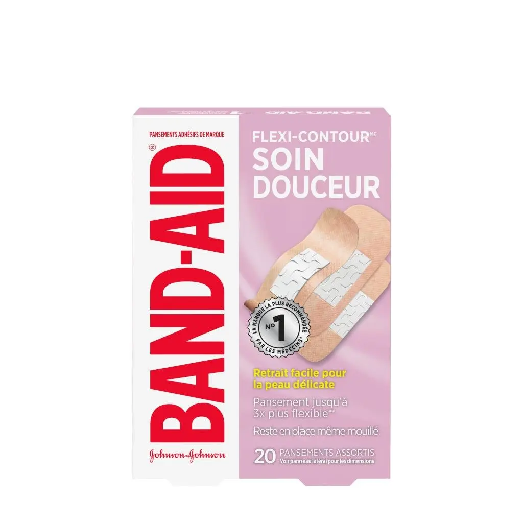 Boîte de pansements assortis de marque BAND-AID® Flexi-contourMC Soin douceur, 20 u.