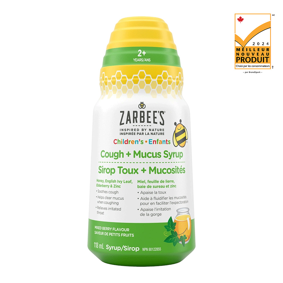 Le sirop Zarbee’s® Toux + Mucosités, pour enfants de 2 ans et plus, 118 ml, Meilleur nouveau produit de 2024.