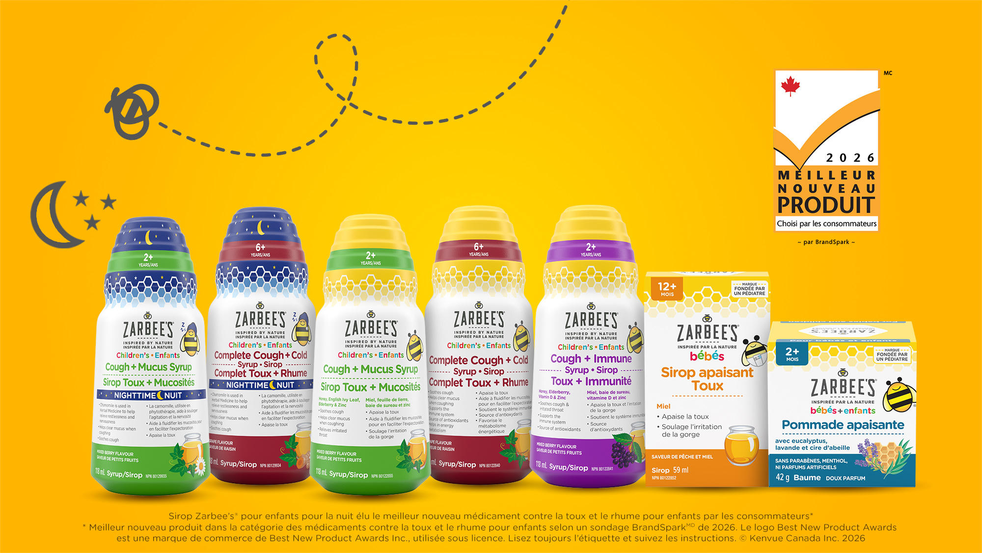 Bannière illustrant le logo du meilleur nouveau produit de 2024 choisi par les consommateurs canadiens, ainsi que cinq produits Zarbee’s® Immunité et toux.