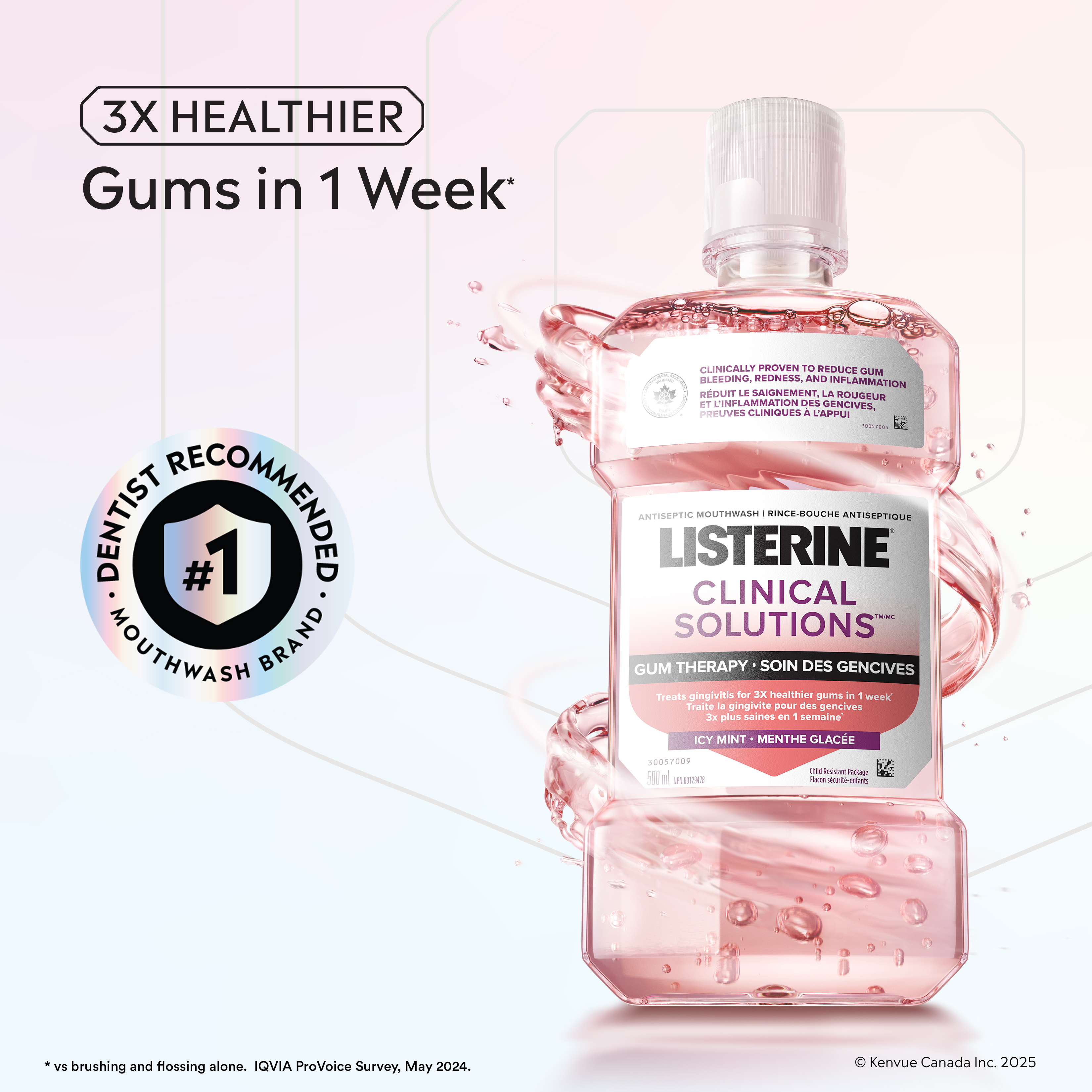 Listerine Clinical Solutions Gum Therapy Mouthwash bottle next to Dentist Recommended Mouthwash Brand logo