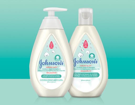 Two bottles of Johnson's newborn body wash and shampoo