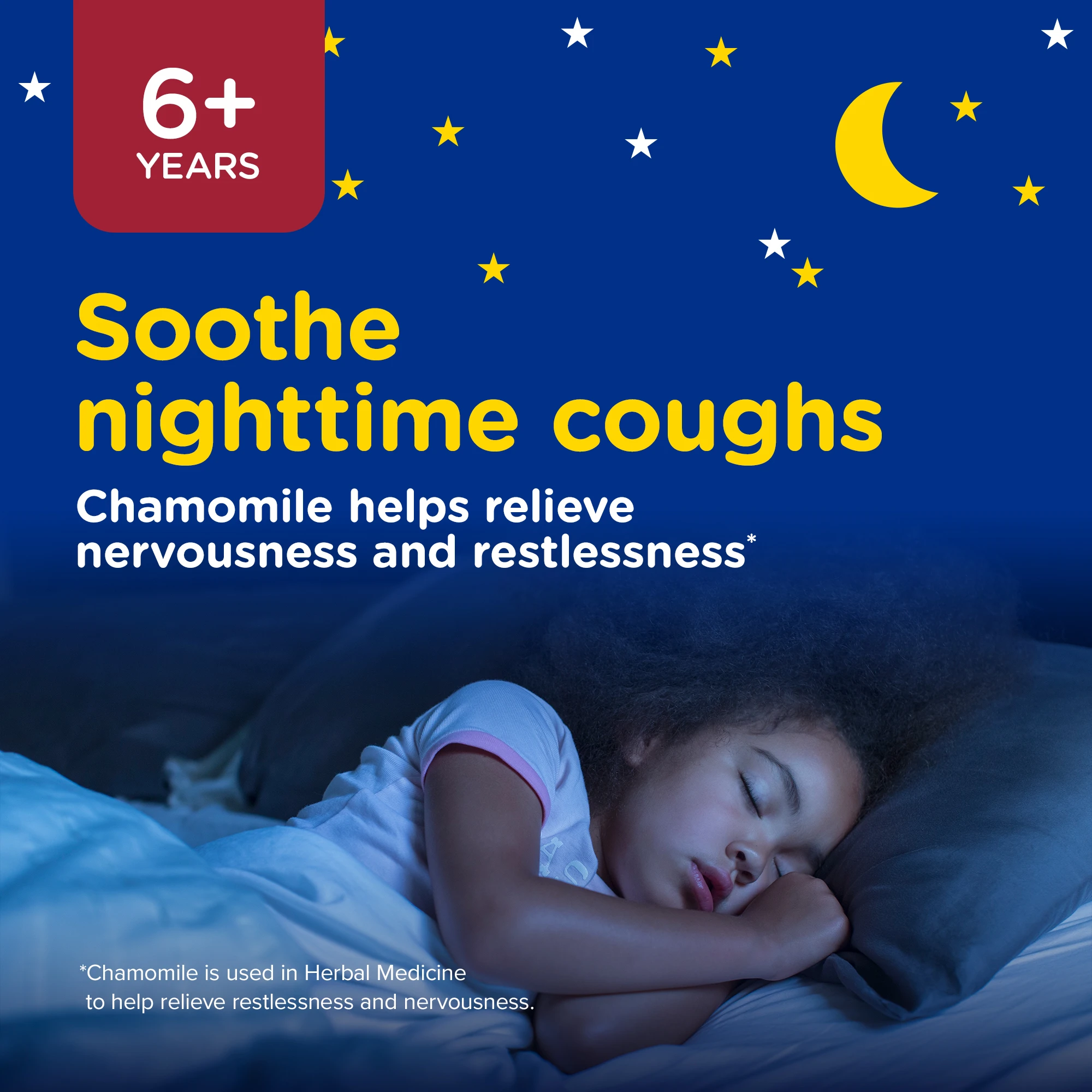 Kid sleeping well at night with statement “soothe nighttime coughs”