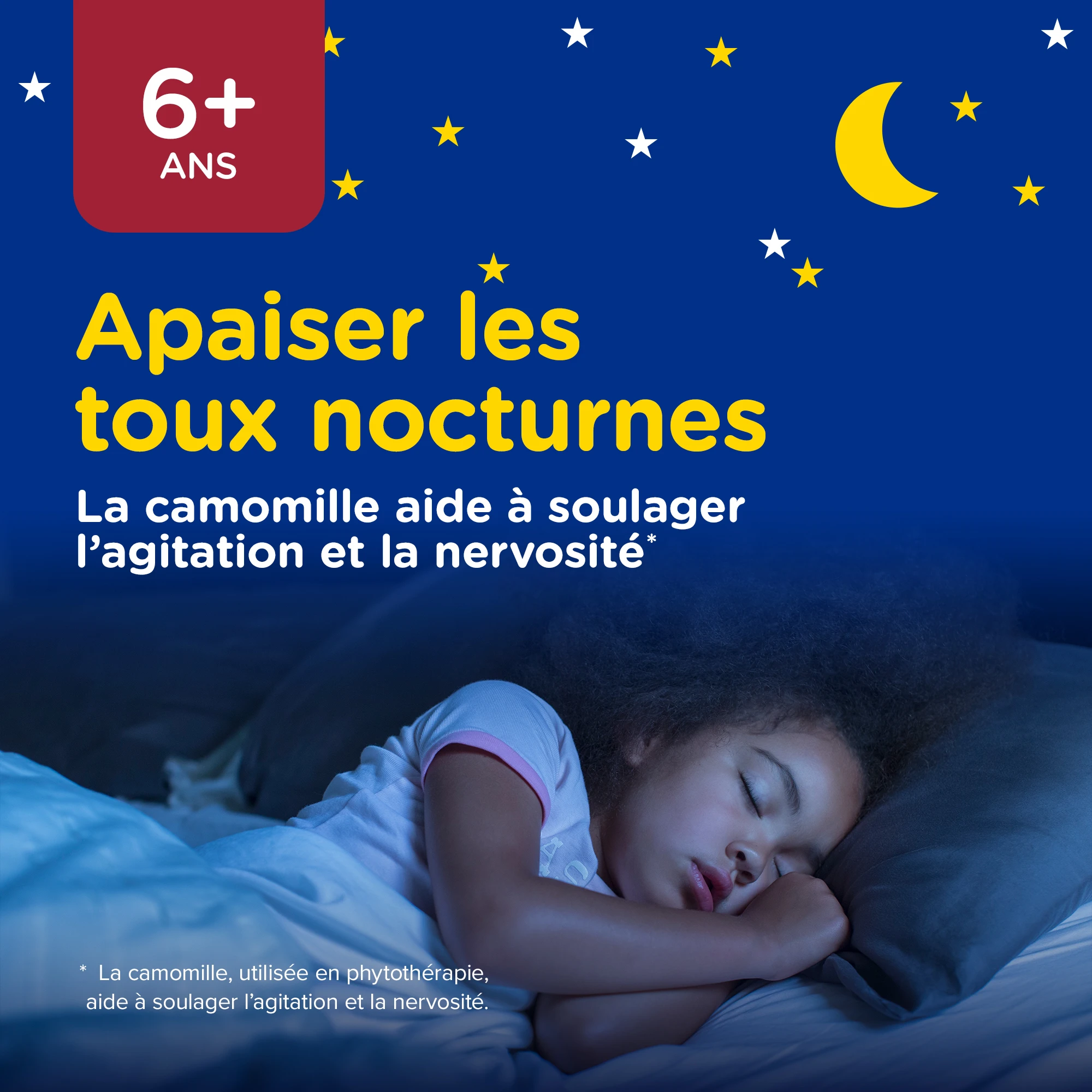 Enfant qui dort bien la nuit avec la mention « apaise la toux nocturne »