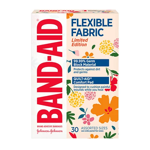 A packet of BAND-AID® Flexible Fabric bandages with Wildflower Design, 30 assorted sizes, and 3 bandages showcased next to the packet.