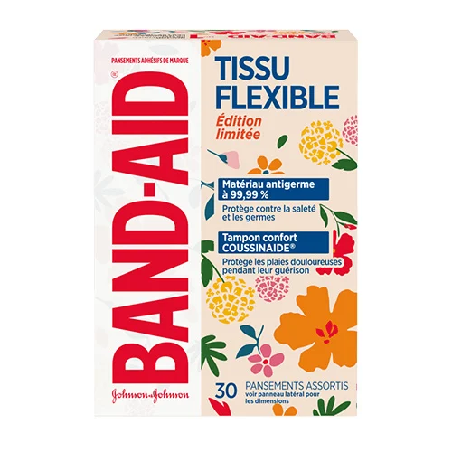 Boîte de pansements adhésifs de marque BAND-AID® en tissu flexible à motifs de fleurs sauvages, 30 pansements assortis, et 3 pansements présentés à côté de la boîte