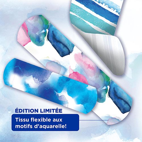 Trois pansements adhésifs de marque BAND-AID®, avec la mention « Édition limitée, pansements en tissu flexible à motifs amusants d'aquarelles » 