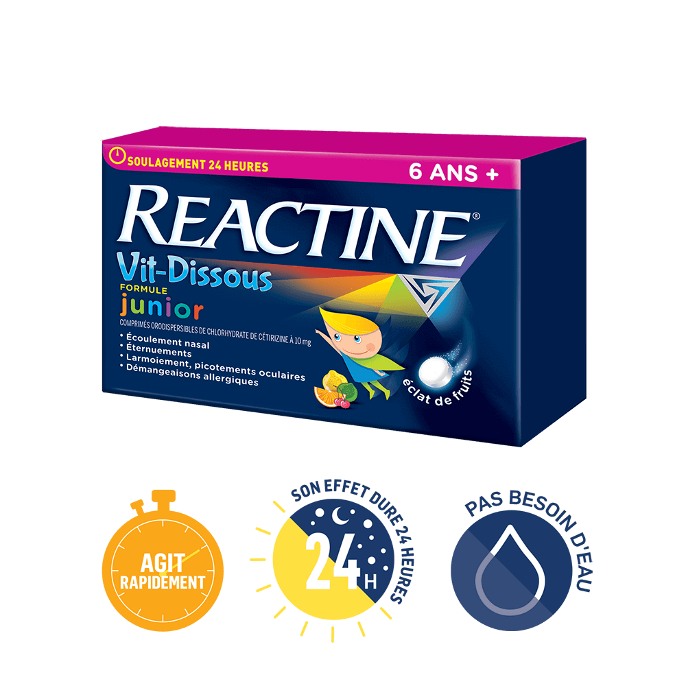 Nouveau Reactine Dissolution Rapide se dissout en quelques secondes et son effet dure 24 heures