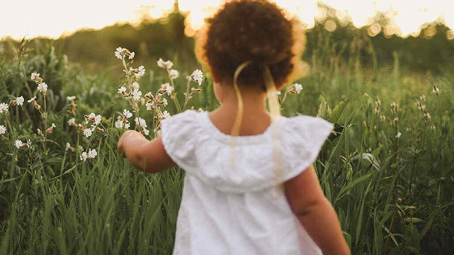 little girl in a white dress looking at field flowers