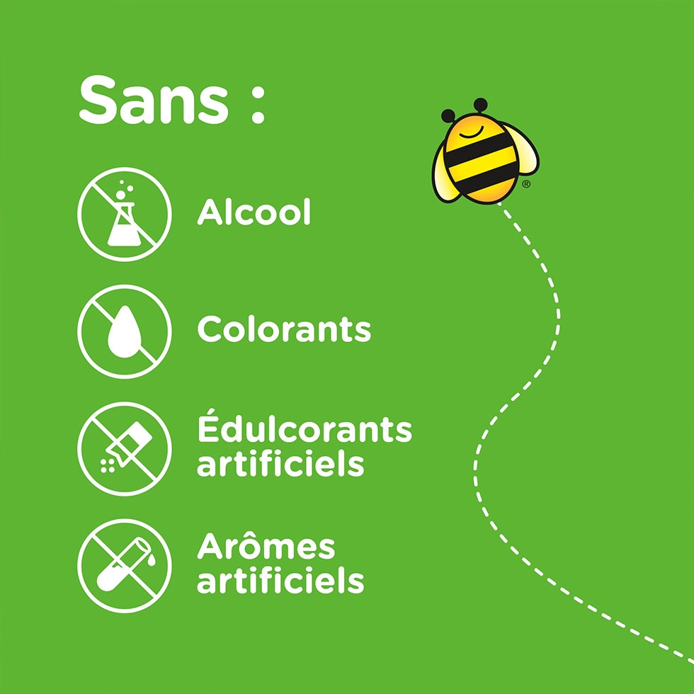 Revendication sur le sirop Zarbee’s® Toux + Mucosités pour enfants : « Sans alcool, ni colorants, ni édulcorants ou arômes artificiels ». 