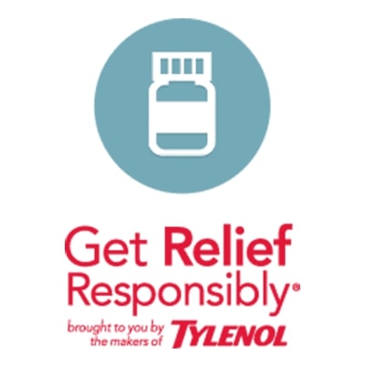 TYLENOL® statement ‘Get Relief Responsibly® brought to you by makers of Tylenol' with a bottle icon.