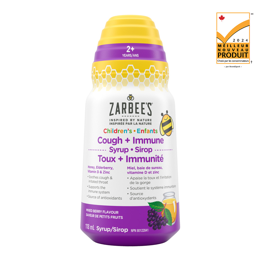 Prix du meilleur nouveau produit 2024 – Sirop Zarbee’s Toux + Immunité, pour enfants de 2 ans et plus, 118 ml