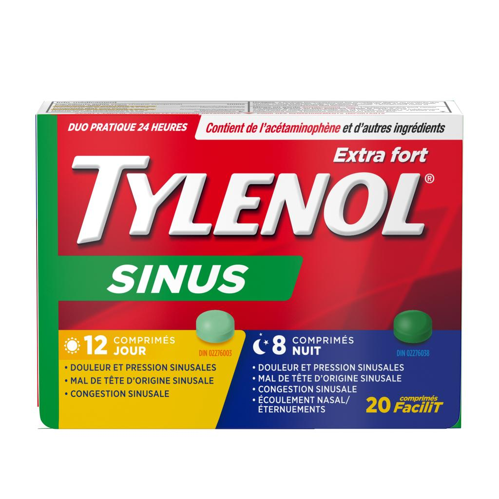 Une boîte de comprimés FaciliT TYLENOL® Extra fort Sinus Duo Jour/Nuit, 12 comprimés Jour et 8 comprimés Nuit