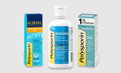 Image illustrant trois produits POLYSPORIN® contre l’eczéma et la démangeaison