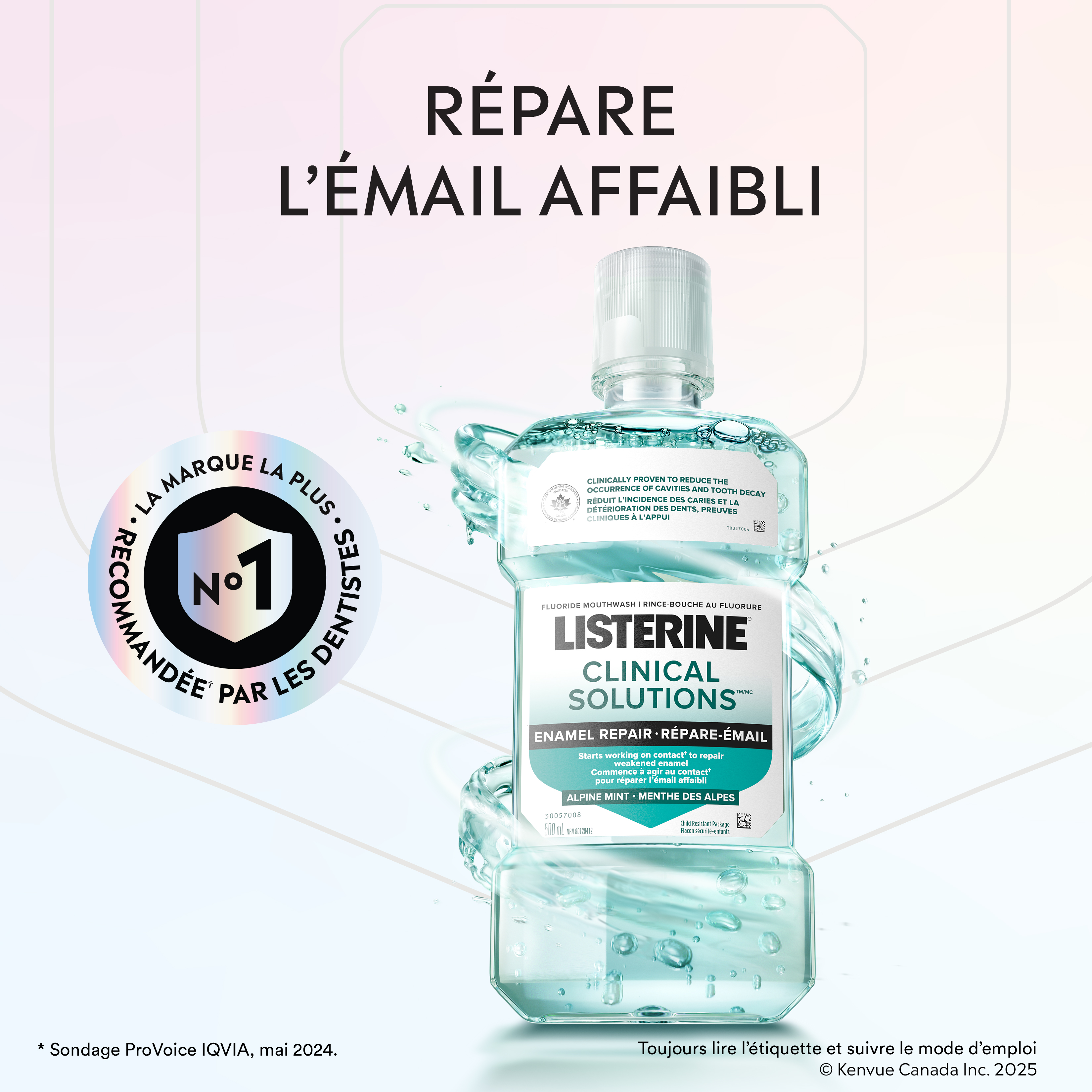 Le rince-bouche Listerine Clinical Solutions  Répare-émail, à côté du logo de  "La Marque La Plus Recommandée Par Les Dentistes"