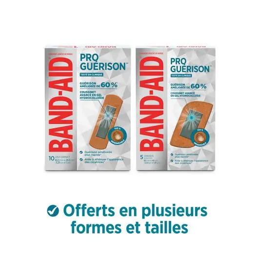 Les pansements adhésifs Band-Aid Pro Guérison sont offerts en plusieurs formes et tailles