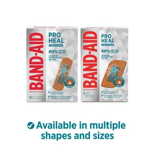 Band-Aid Pro Heal Adhesive Bandages are available in multiple shapes and sizes