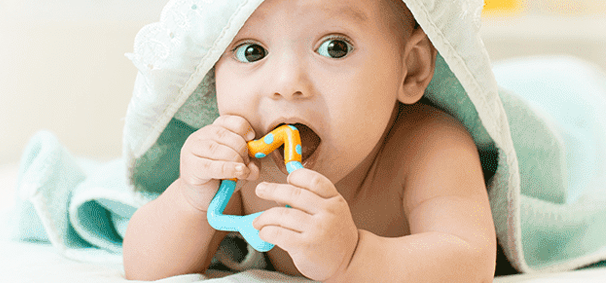 Baby putting a teething toy in their mouth