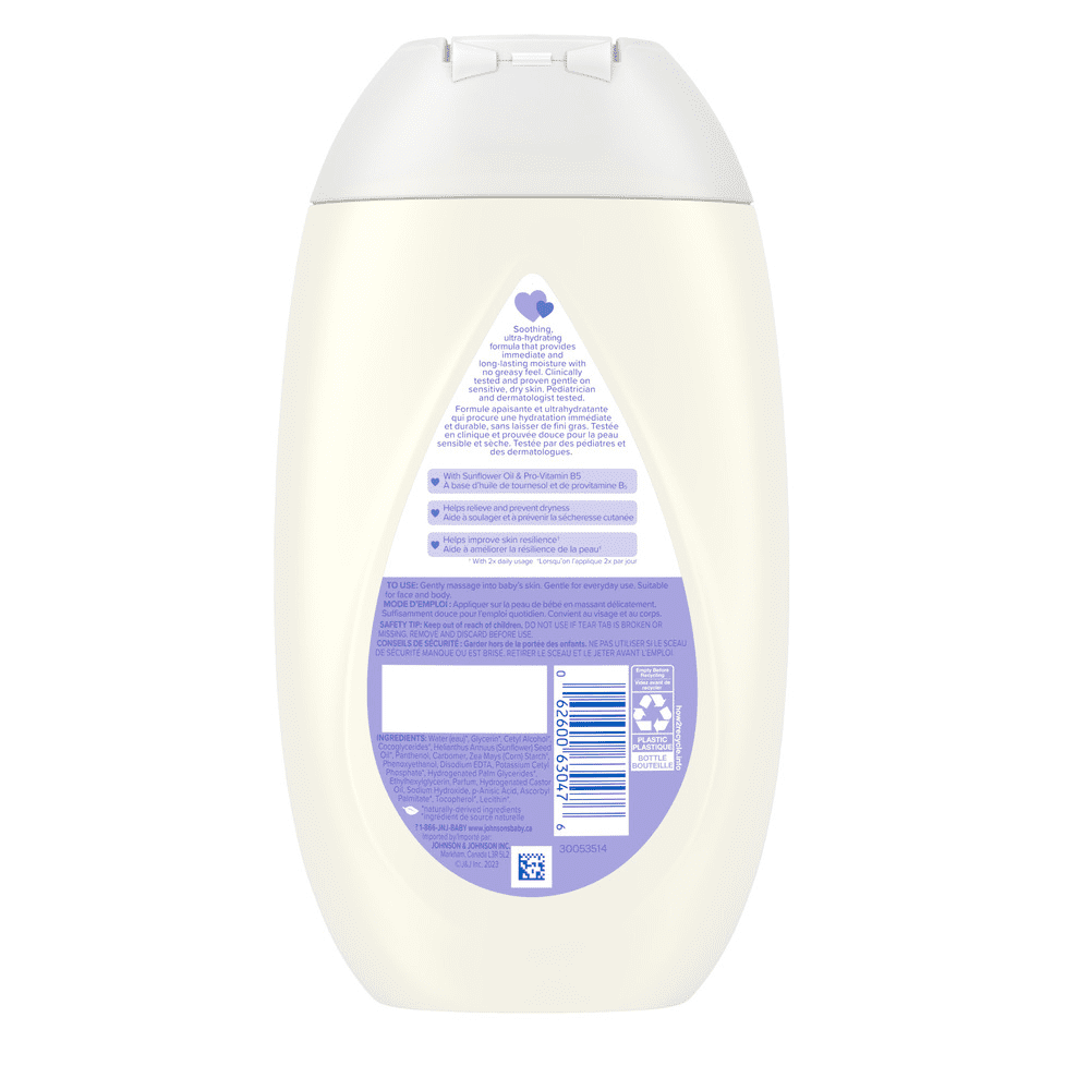 Panneau arrière du flacon de 400 ml de la crème visage et corps JOHNSON’S® Soin peau sensible