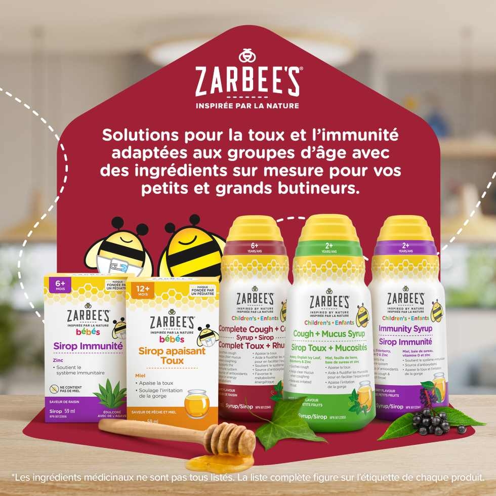 Cinq flacons de sirops Zarbee’s® Immunité et Toux pour bébés et enfants.