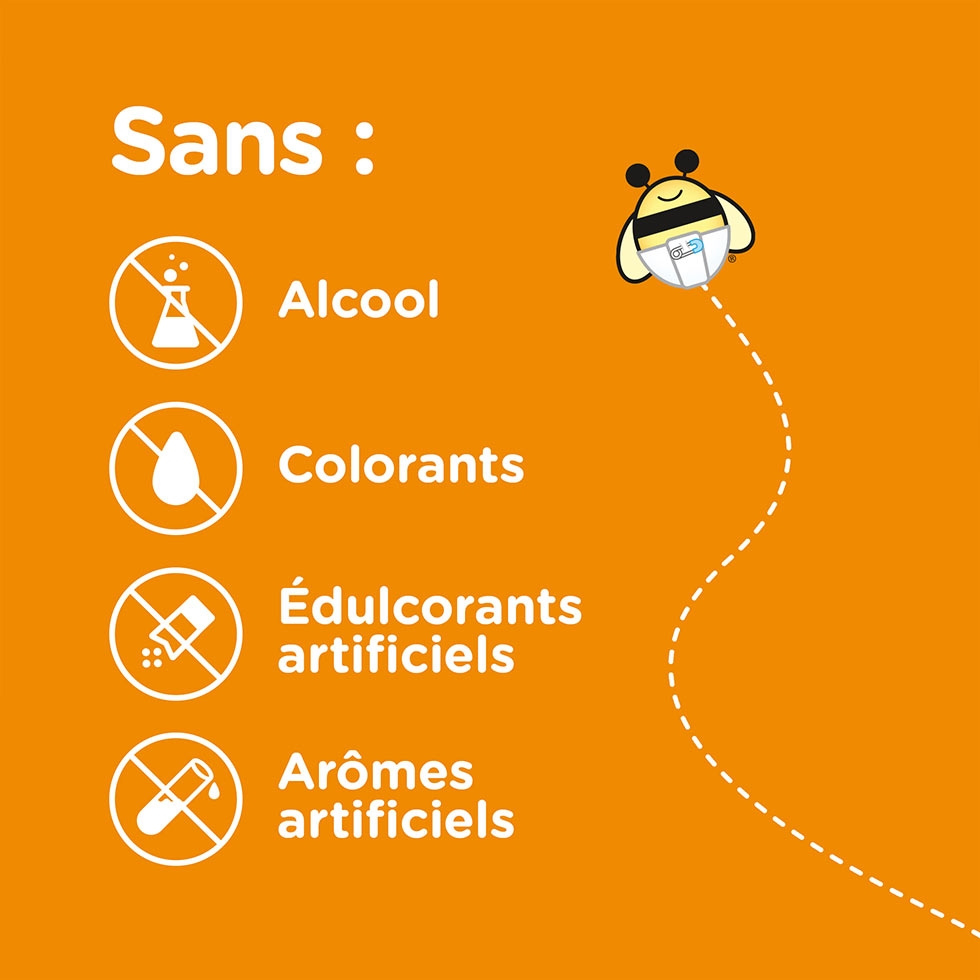 Revendication sur le sirop apaisant pour bébés Zarbee’s® pour la toux : « Sans alcool, ni colorants, ni édulcorants ou arômes artificiels ». 