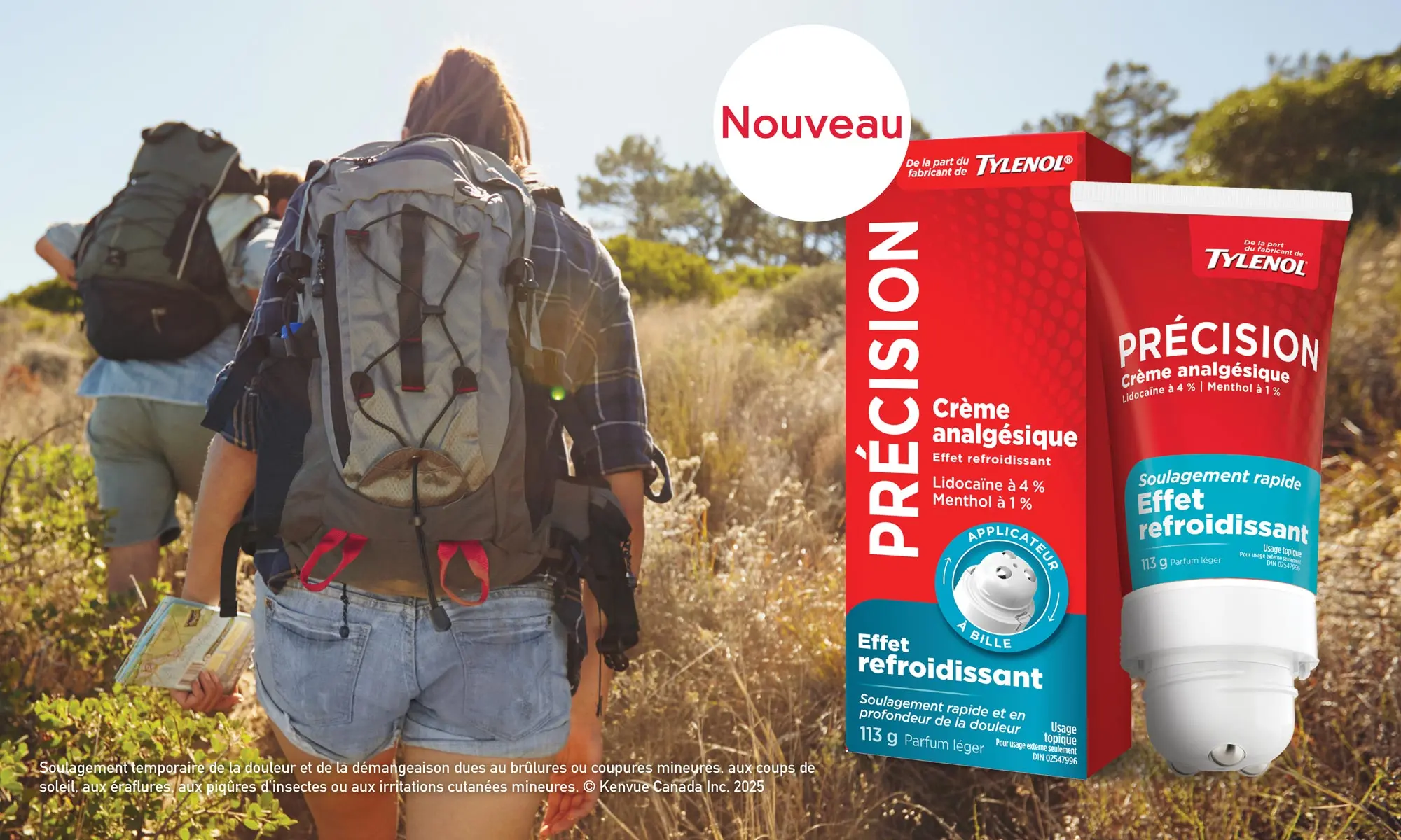 Crème analgésique rafraîchissante Précision des fabricants de TYLENOL® illustrée avec deux randonneurs marchant sur un sentier en arrière-plan.