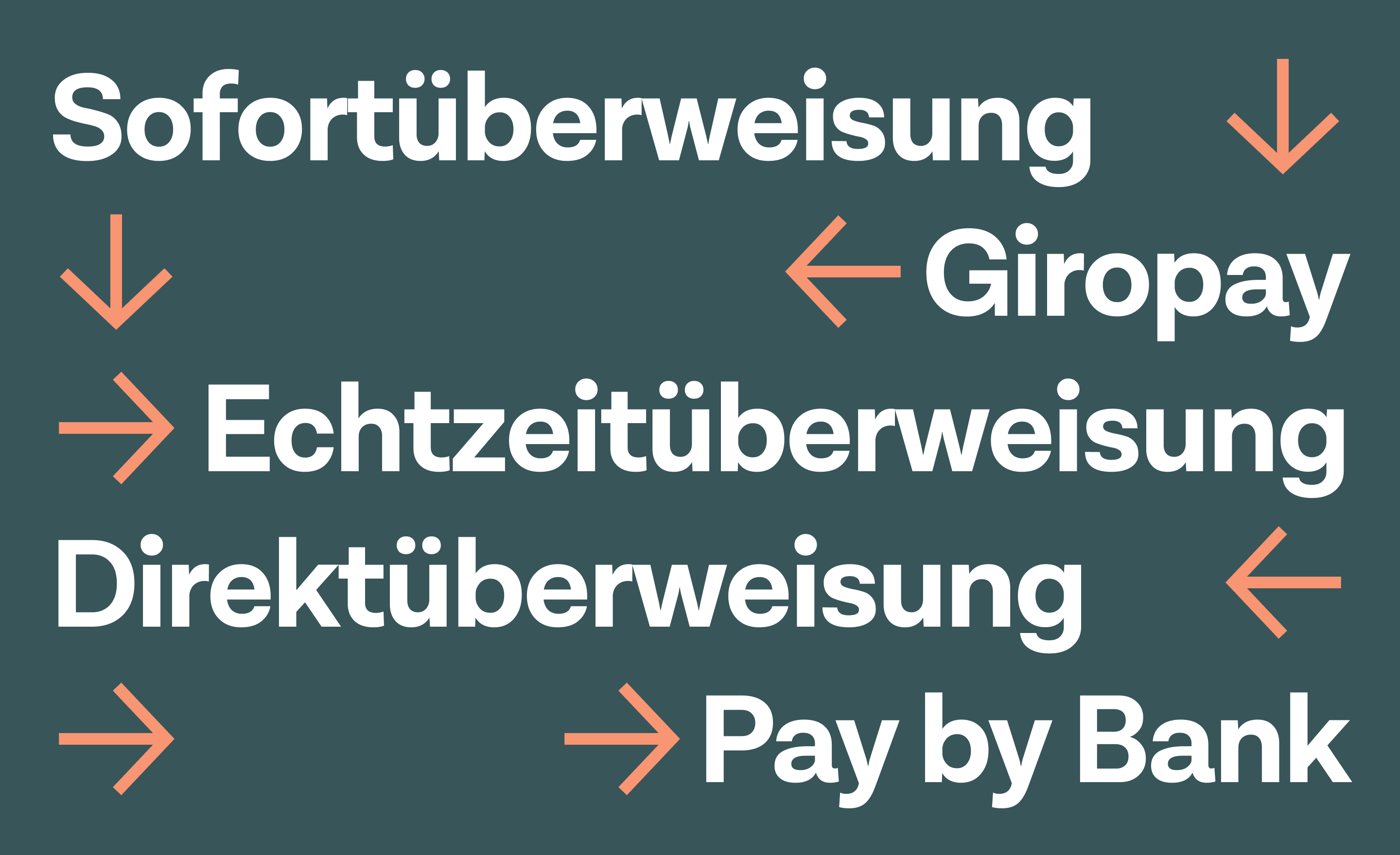 A collection of account-to-account payment terms: Sofortüberweisung, Giropay, Echtzeitüberweisung, Direktüberweisung, Pay by Bank