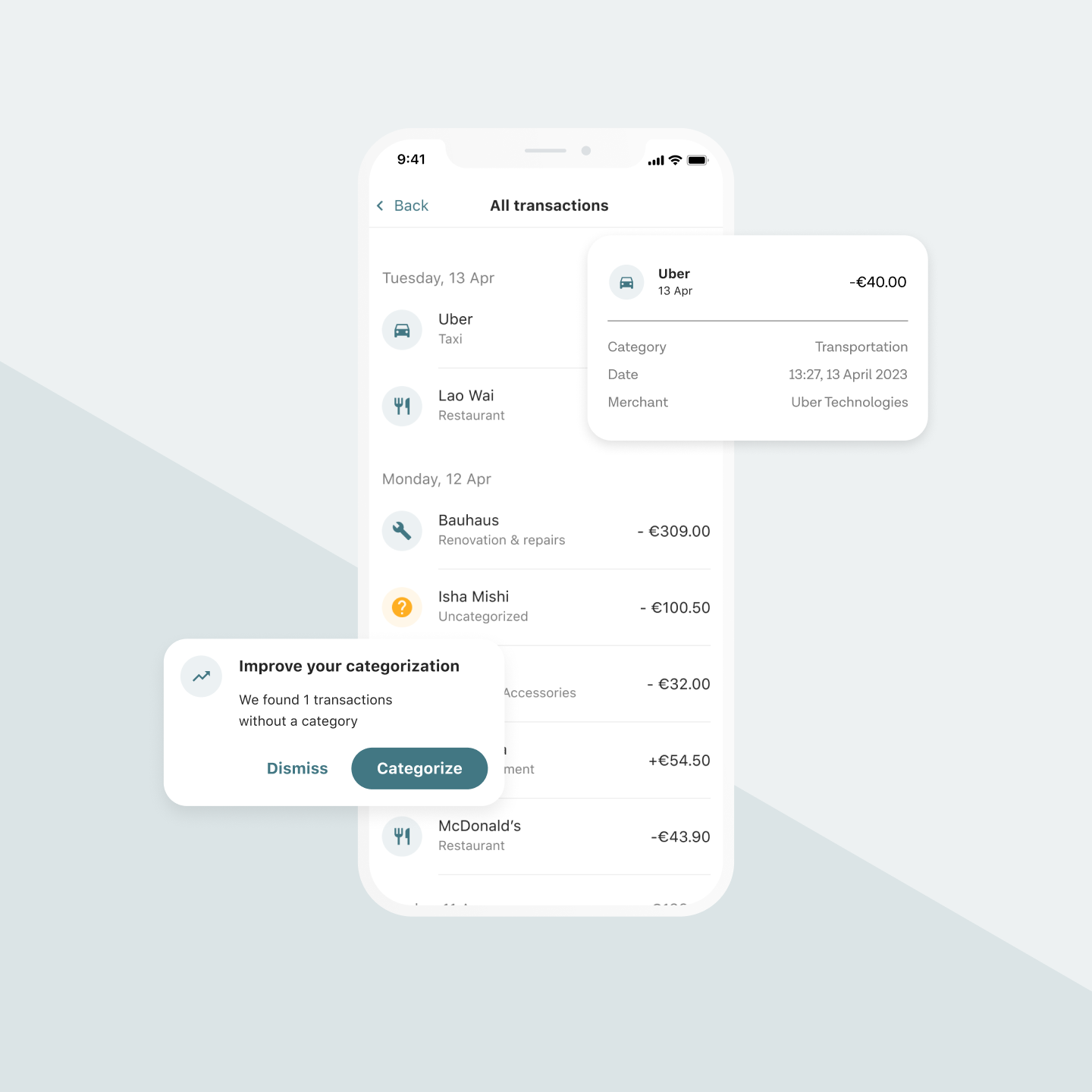 A combination of machine-learning models identifies a category for each transaction. Specific preferences are then learned and applied, personalising the user’s experience. Users can also re-categorise transactions into the category they feel fits their purpose best.