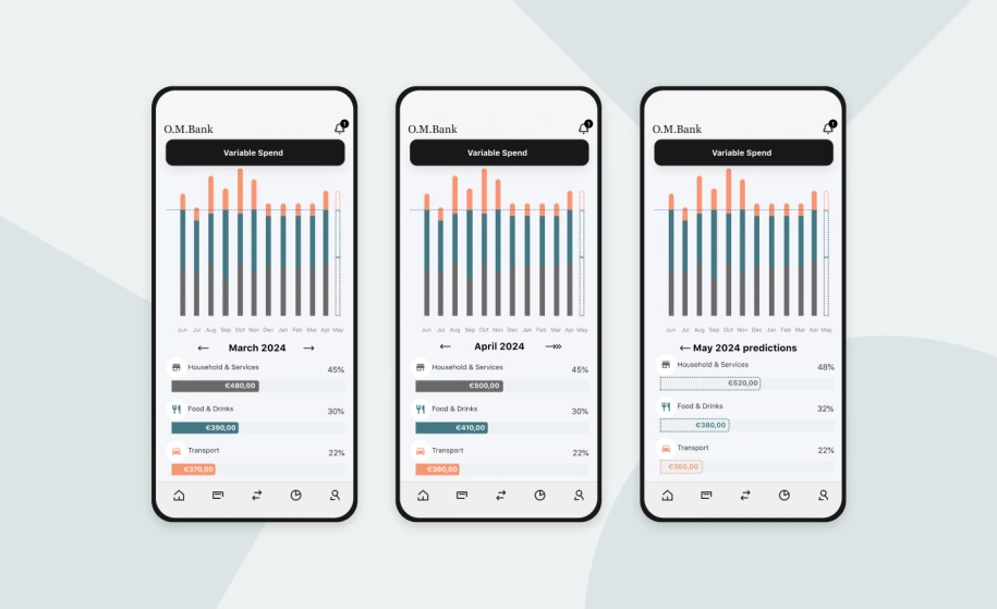 This image depicts three mobile phone screens displaying a mockup of how the Tink Variable Spend feature looks to a user.