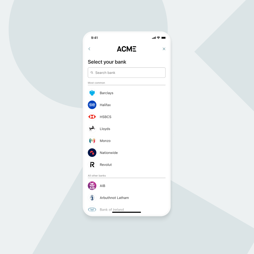 This image visualises Tink’s bank selection screen, which allows users to find their bank using the search box, or by scrolling through an alphabetically sorted list.