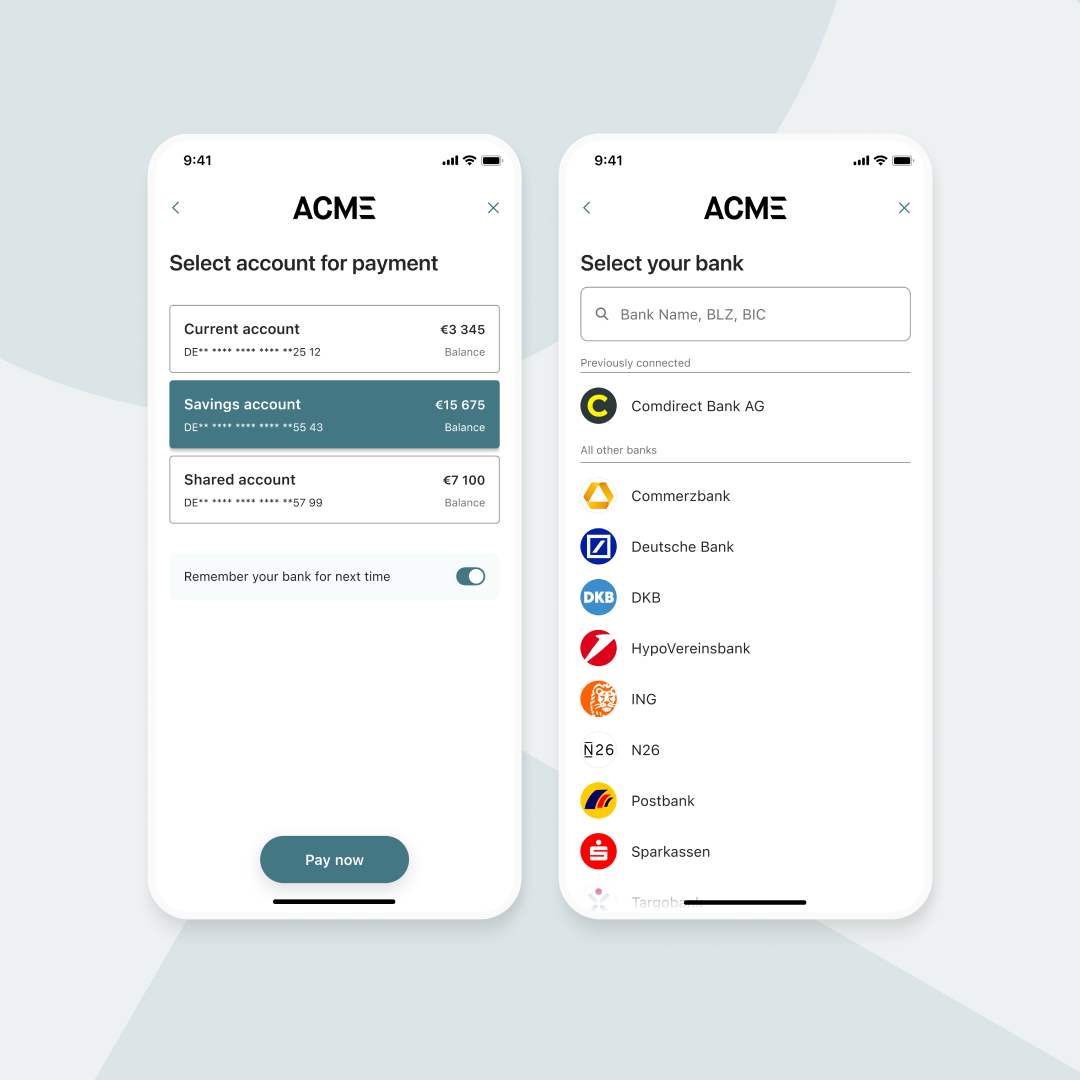 This image visualises how an easy-to-use payment flow could look where users can toggle on a ‘remember my bank’ option, allowing them to explicitly opt in to remember their bank.