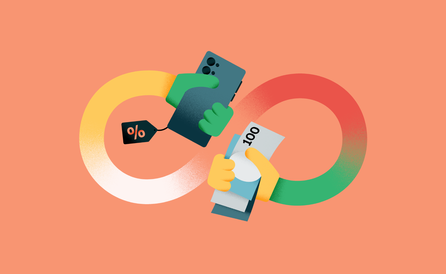 This image is a Tink-branded illustration of an infinity symbol showing a stylised mobile phone, price tag and currency.