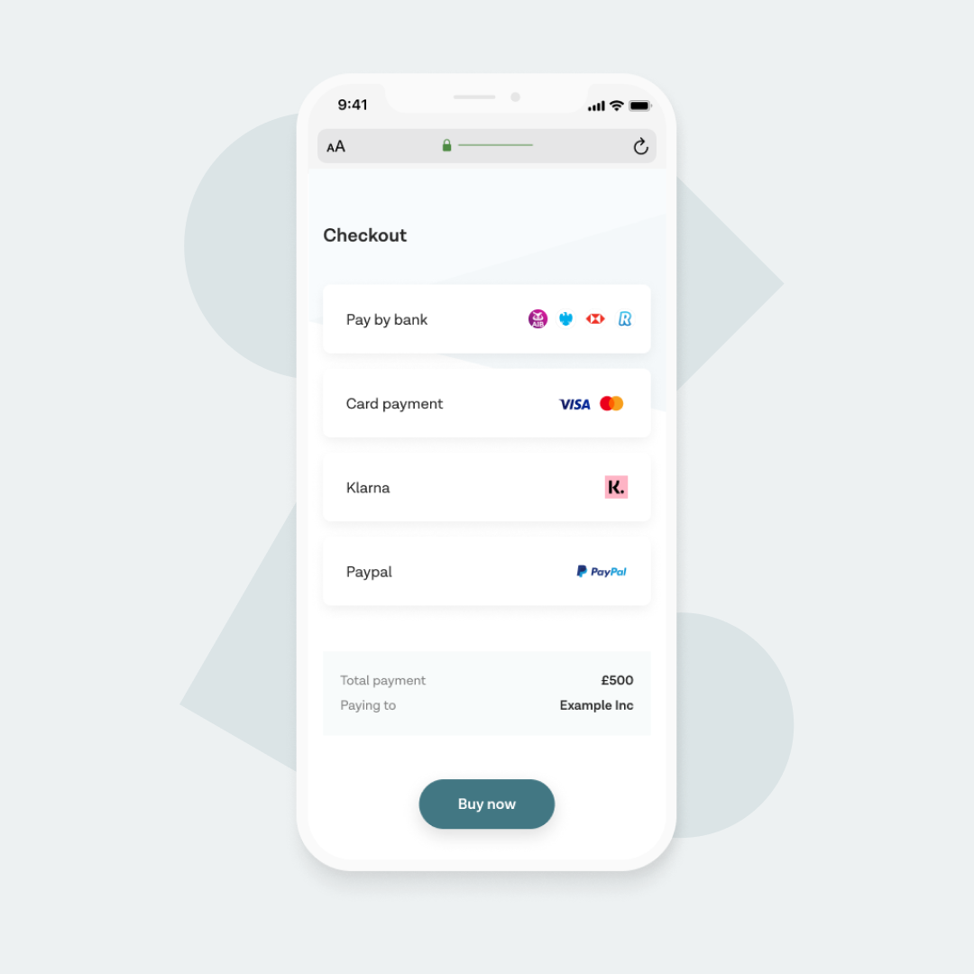 Phone screen showing a checkout with different payment methods