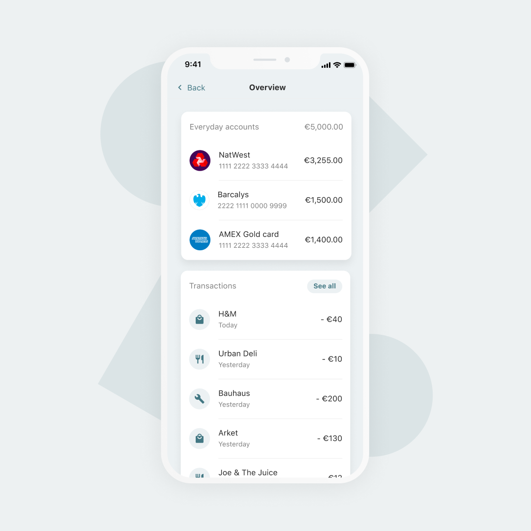 A mobile phone screen demonstrating how an all-in-one account overview might look to an app user