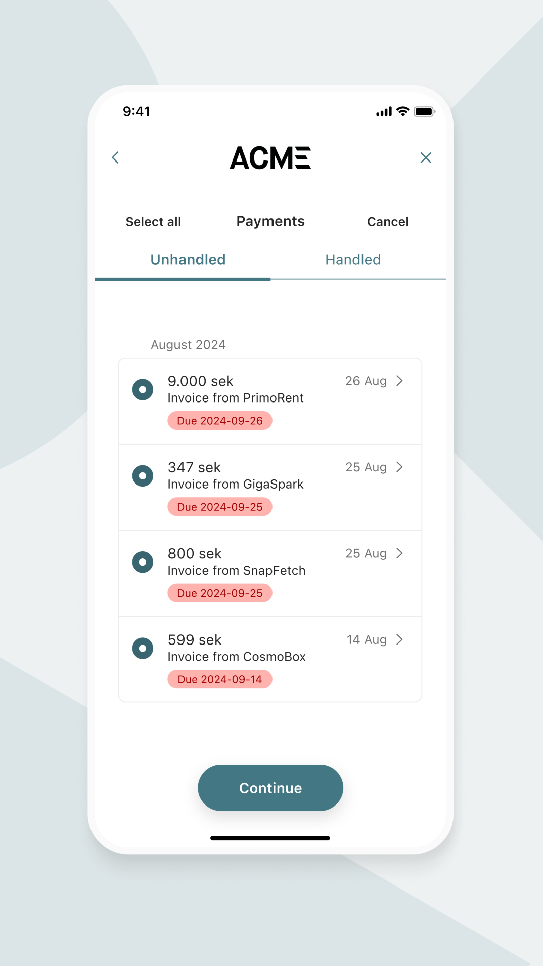 This image depicts a mobile phone screen that visualises a mobile payment experience for paying an invoice with Tink.