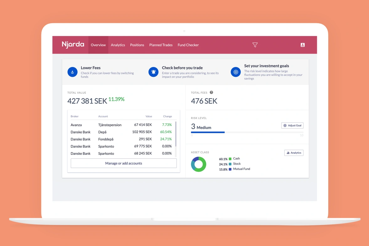 By teaming up with Tink, Njorda created an app that lets everyday investors gather their savings in one place. Tink’s tech is used to aggregate people’s investment accounts into the app in an instant, allowing Njorda to analyse the information and give users an immediate overview of their investment position – including exactly how much they are paying each year in fees.

