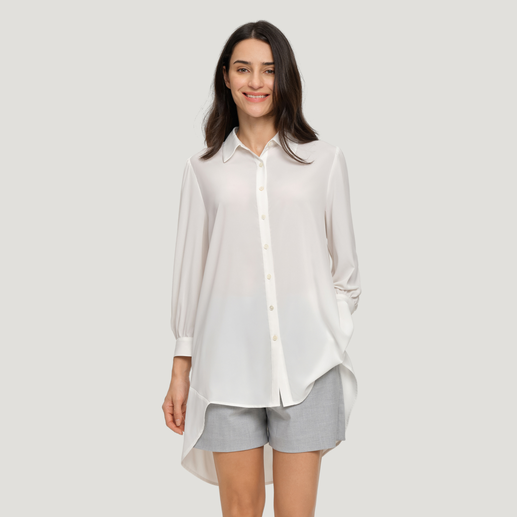 high low button up shirt