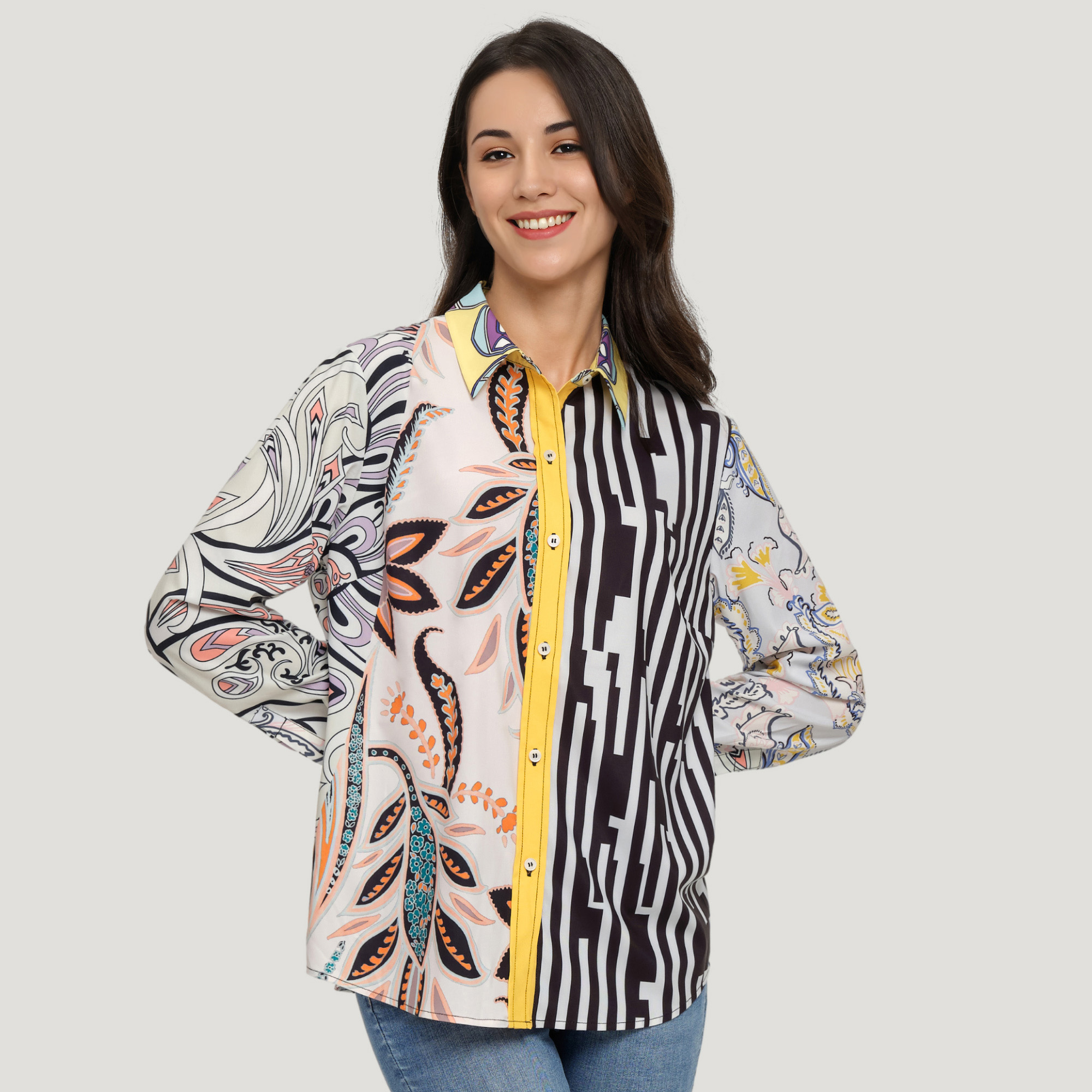 Custom Printed Women's Classic Long Sleeve Button-Up Shirt 