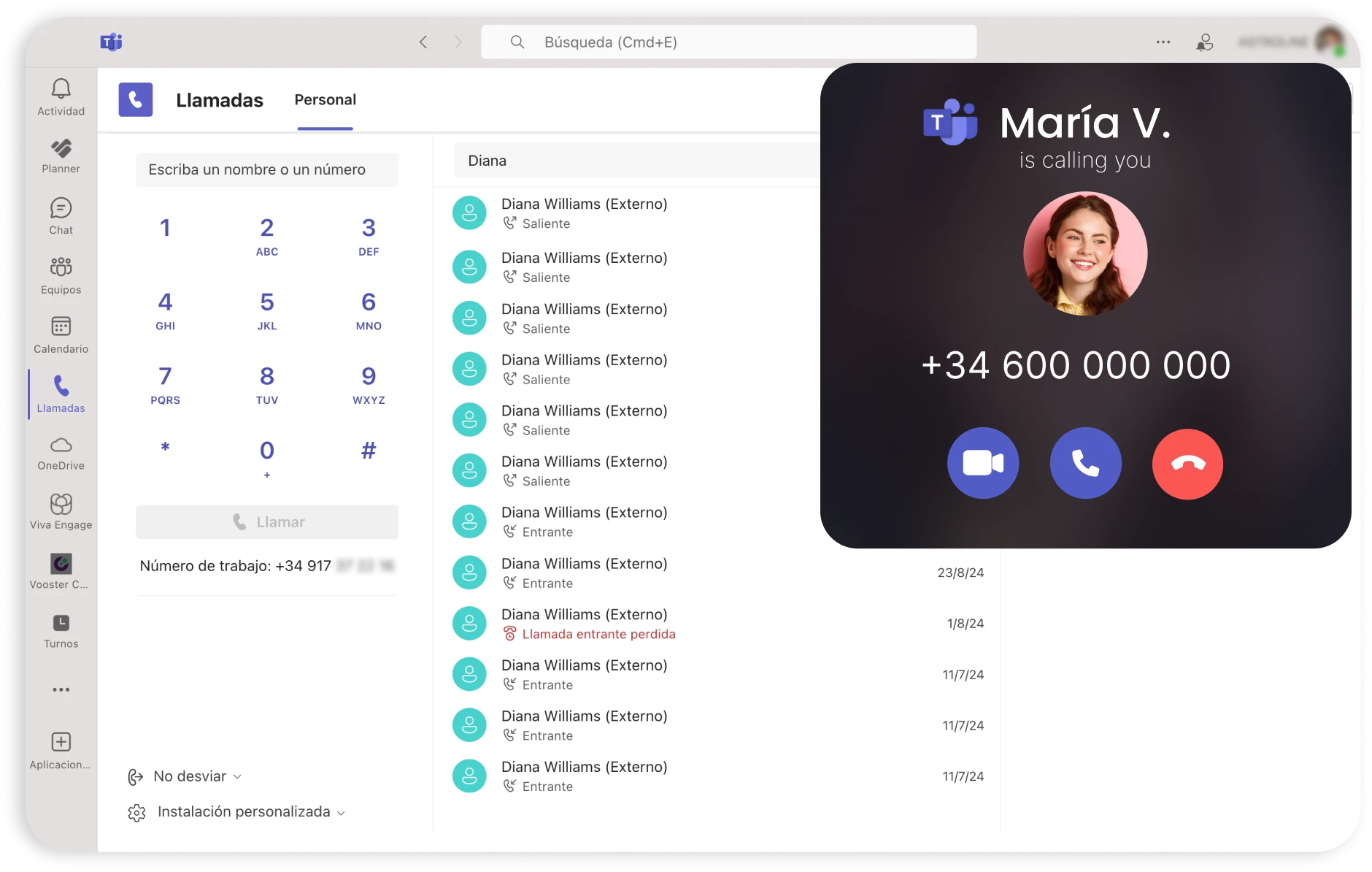 Llamada teléfono Teams entrante