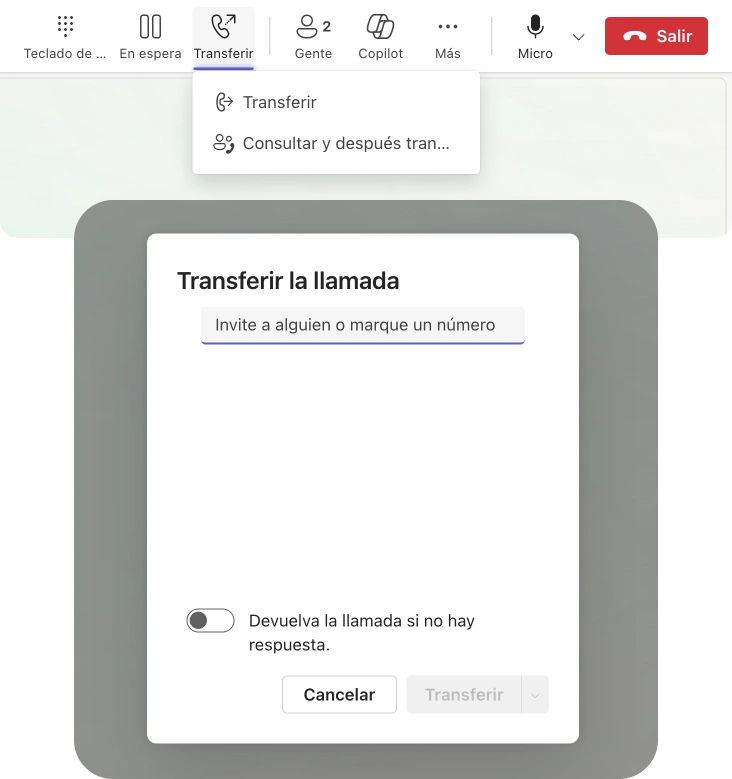 Transferir llamada teléfono teams