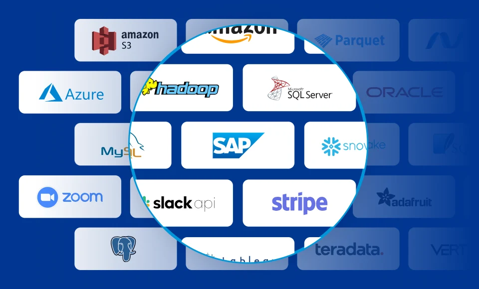 Connectors including Amazon S3, Azure, SQL Server, Oracle, SAP, Snowflake, MySQL, PostgreSQL and Teradata