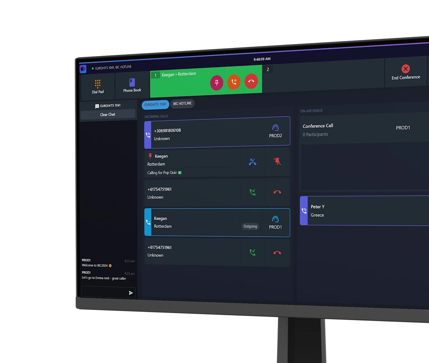 Audata Connect live call management interface displayed on a studio monitor.