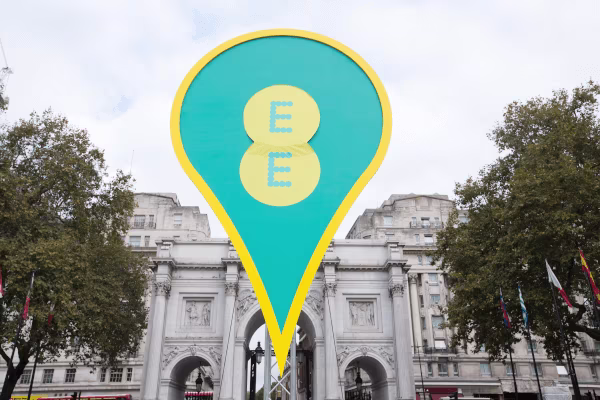 EE sign outside grand building