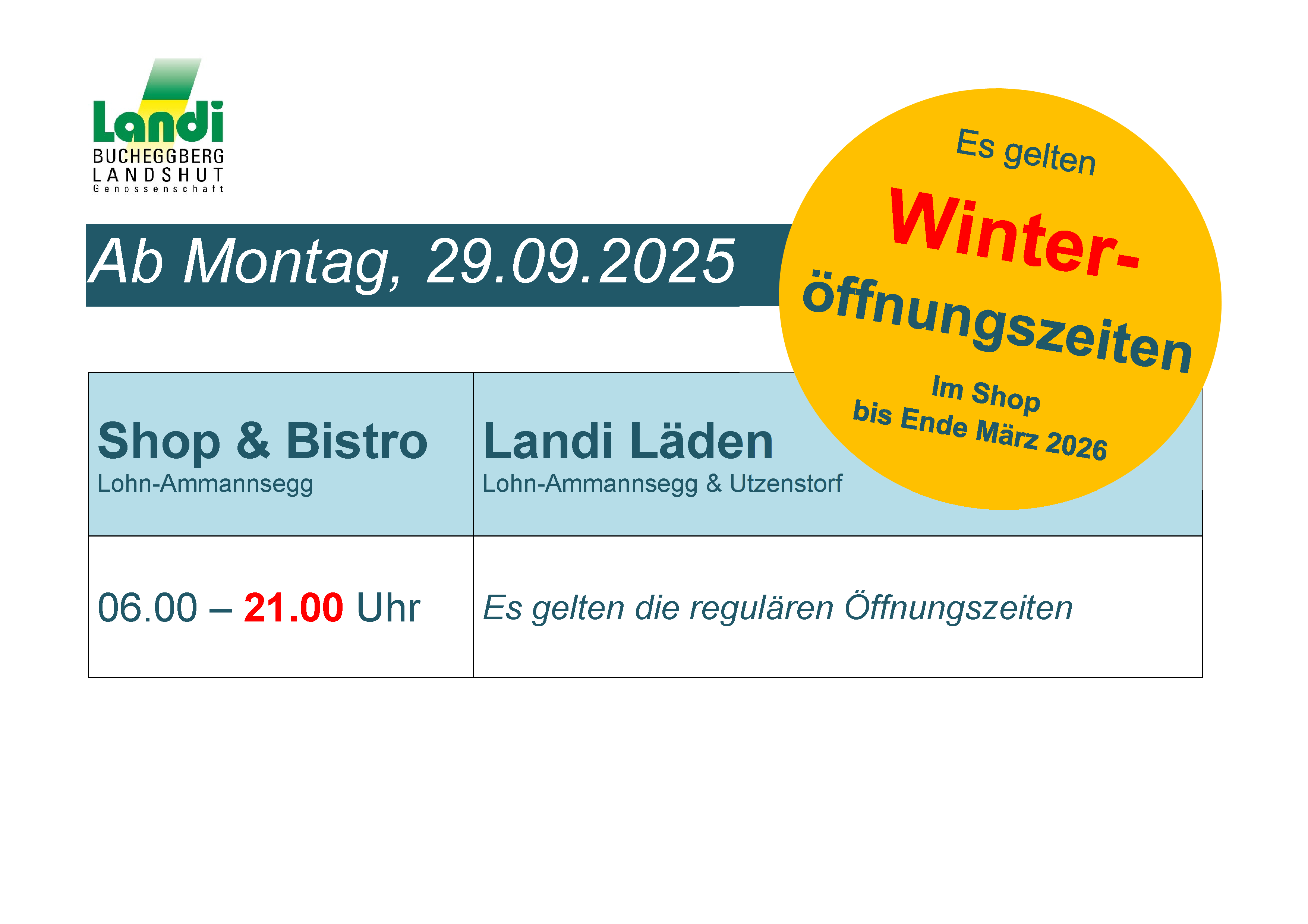 Winteröffnungszeiten 2025/2026 Shop & Bistro 