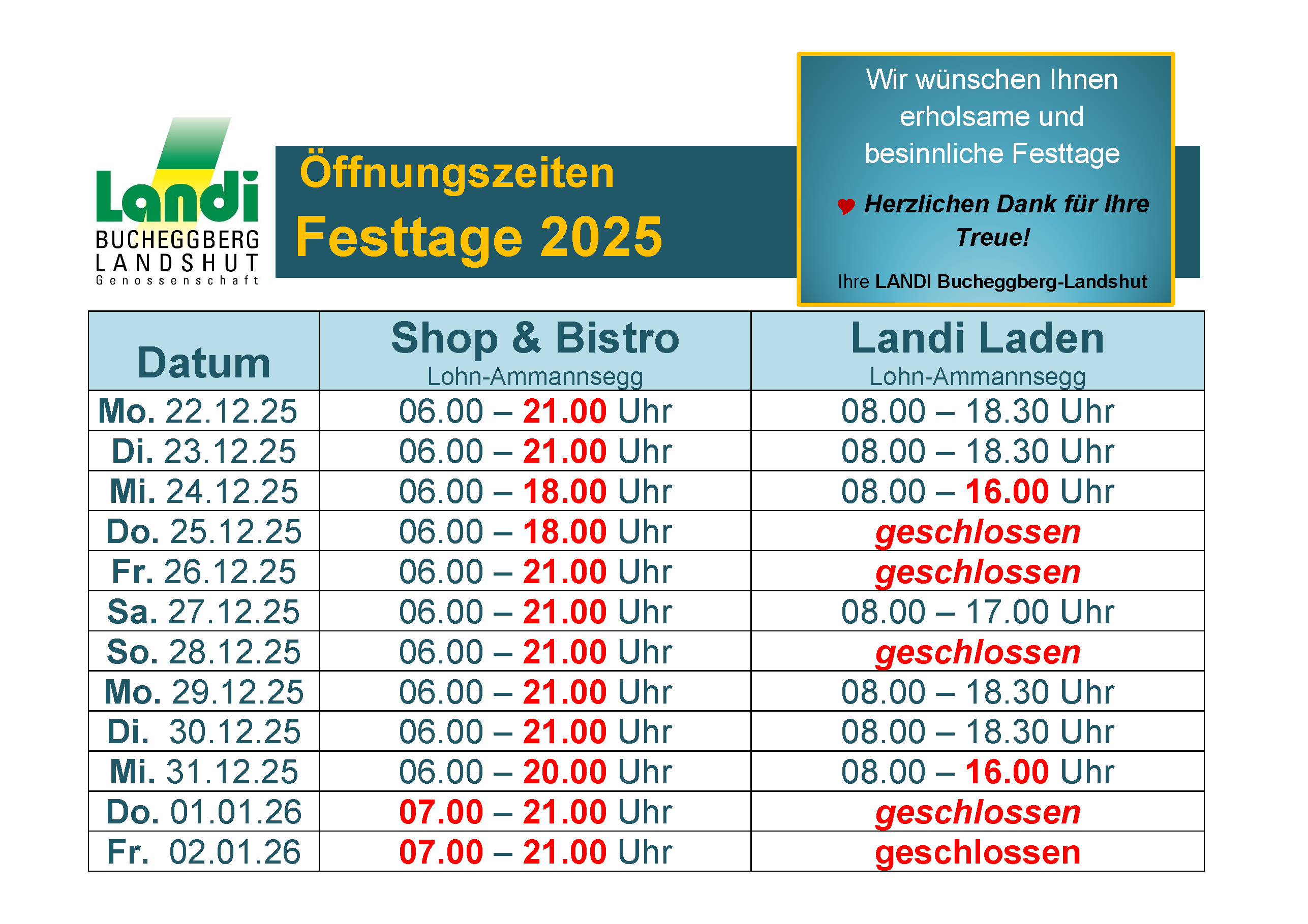 Öffnungzeiten Weihnachten/Neujahr 2025  Shop & Laden Lohn